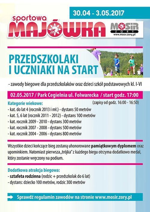 „Przedszkolaki i uczniaki na start”, czyli majówkowe zawody biegowe w Żorach, MOSiR w Żorach