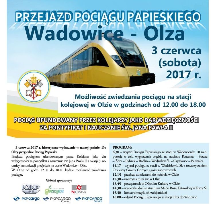 Pociąg papieski zatrzyma się na stacjach w Suszcu i Żorach, mat. prasowe