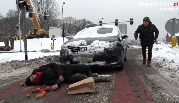 Pieszy walczył o życie. Kierowca nic nie widział przez śnieg (wideo, foto), Policja Śląska