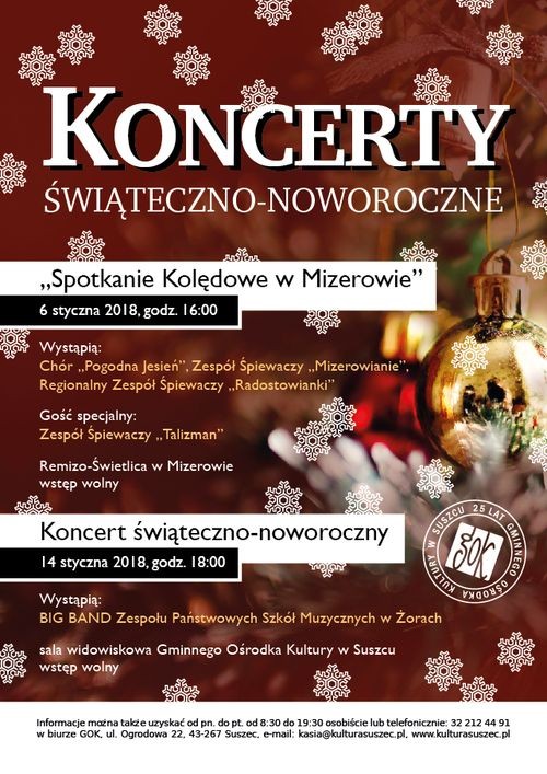 Przed nami dwa koncerty świąteczno-noworoczne w Gminie Suszec, GOK w Suszcu