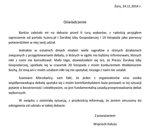 Wojciech Kałuża wycofuje się z debaty prezydenckiej, mat. prasowe