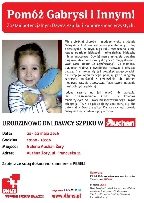 Auchan Żory: będą szukać dawcy szpiku dla 4,5-letniej Gabrysi chorej na białaczkę, mat. prasowe