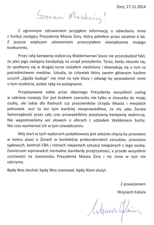 Wojciech Kałuża ostro odpowiada na oświadczenie W. Sochy. Co zarzuca prezydentowi Żor?, mat. prasowe